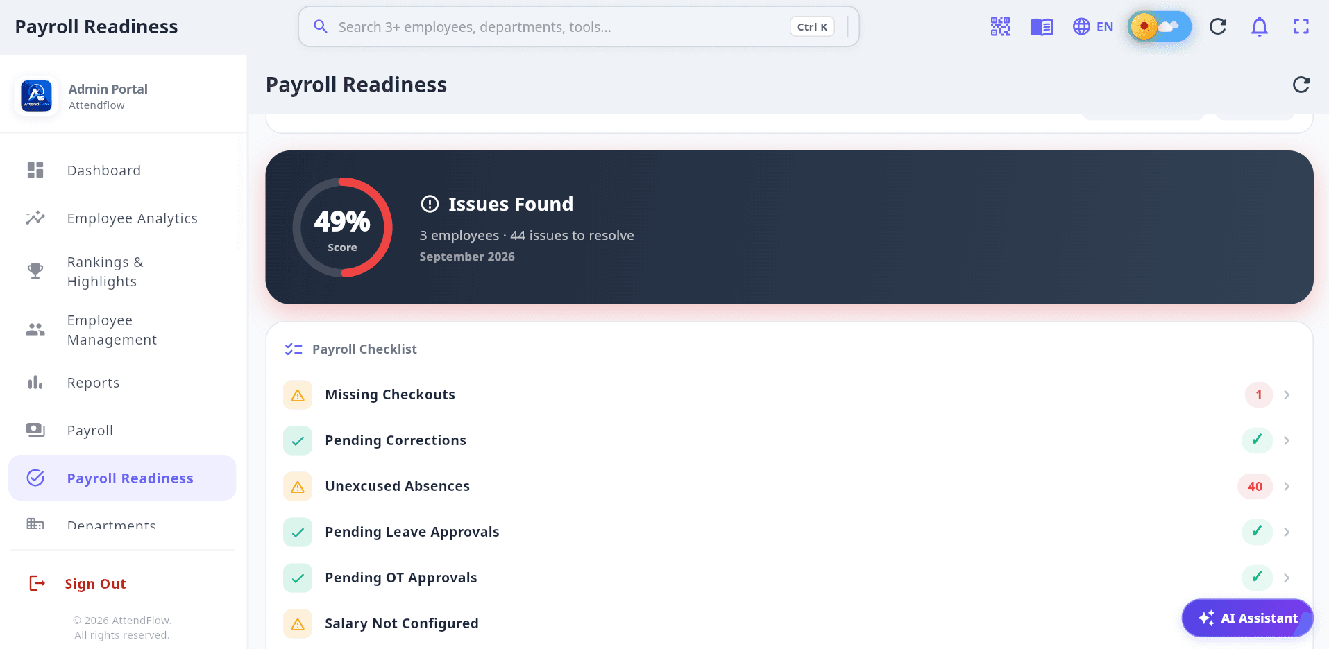 AttendFlow Payroll Readiness